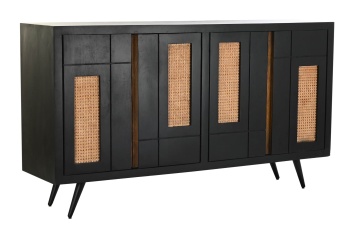 Bufet negru retro, din lemn de mango, cu 4 uși cu panouri din ratan împletit și picioare înclinate din metal, 90 x 160 x 40 cm, „Chaumont”