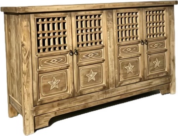 Bufet rustic din lemn de pin reciclat, maro, cu 4 uși cu grilaj din lemn și decor sculptat cu stele, 90 x 155 x 45 cm, „Seillans”