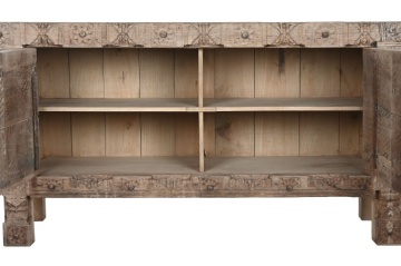 Bufet rustic din lemn reciclat, natur, cu 2 uși, decor sculptat manual și balamale fluture din metal, 92 x 167 x 51 cm, „Rigora” - Img 3