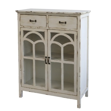 Bufet vintage din lemn, alb, cu 2 uși vitrate în arcadă și 2 sertare, stil shabby chic, 70 x 44 x 17,5 cm, „Vézelay”