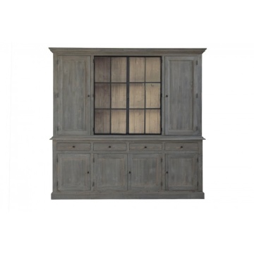 Bufet vitrină din lemn masiv de pin, gri, cu 8 uși, dintre care 2 vitrate cu rame metalice, și 4 sertare, finisaj décapé, 222 x 237 x 48 cm, „Luberon” - Img 2