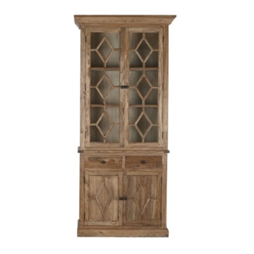 Bufet vitrină rustic din lemn de ulm reciclat, natur, cu 2 uși vitrate, 2 uși închise, 2 sertare și 3 rafturi, 220 x 100 x 45 cm, „Elmwood”