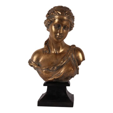 Bust decorativ din polirășină, auriu, chip de femeie în stil antic grecesc, pe soclu negru, finisaj antichizat, 42,8 x 25,5 x 16,5 cm, „Athena”