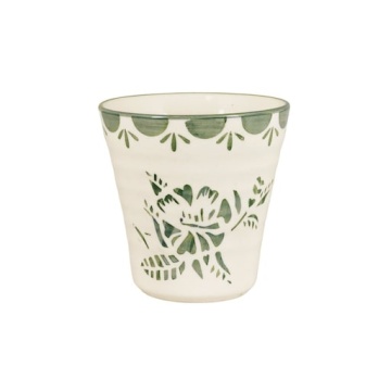 Cană din ceramică artizanală, natur, cu motive florale pictate manual verde și bordură decorativă, fără mâner, 10×10 cm, „Marion"