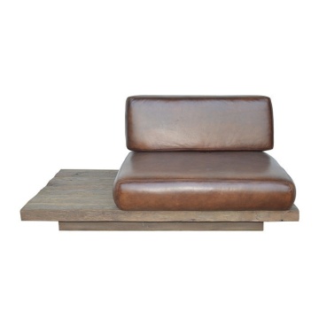 Canapea 1 loc din piele naturală maro, cu bază din lemn reciclat și blat lateral pe stânga, aspect rustic, 82 x 140 x 90 cm, „Pure Left”
