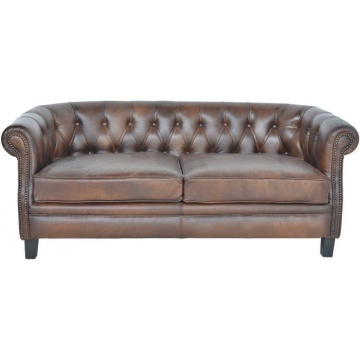 Canapea Chesterfield 2 locuri din piele naturală maro, cu spătar capitonat și ținte decorative, aspect vintage, 66 x 155 x 79 cm, „Chesterino”