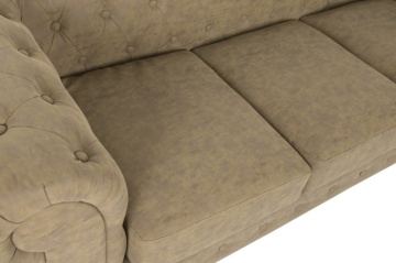 Canapea Chesterfield 3 locuri din piele ecologică maro deschis, cu nasturi pe bază și picioare curbate din lemn, 76 x 196 x 81 cm, „Sir” - Img 3