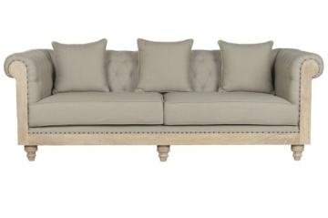 Canapea Chesterfield 3 locuri din stofă gri, cu cadru din lemn de tec la vedere și ținte decorative, 79 x 225 x 87 cm, „Classic”