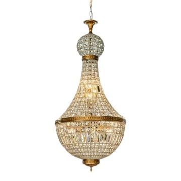 Candelabru din metal, auriu, în stil Empire, cu glob și cristale din sticlă și 8 becuri, 110 x 50 cm, „Bombay”