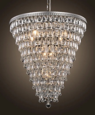 Candelabru din metal și sticlă, argintiu, în formă de con, cu pandantive picătură și lanț reglabil, finisaj patinat, 65 x 61 cm, „Kensington” - Img 2