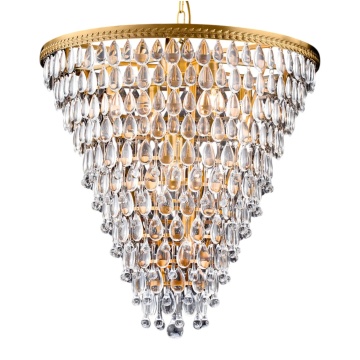 Candelabru din metal și sticlă, auriu, în formă de con, cu pandantive picătură și lanț reglabil, 65 x 61 cm, „Kensington”