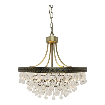 Candelabru din sticlă și alamă antichizată, lucrat manual, cu prisme de cristal, 6 brațe, 49x50 cm, „Versailles"