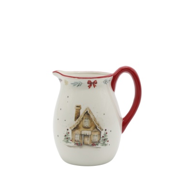Carafă din ceramică albă cu motive de Crăciun și mâner roșu, 14x11 cm, „Chalet de Noël"