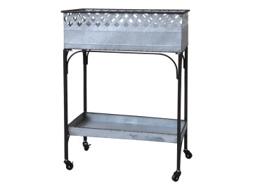 Cărucior pe roți cu tavă, din zinc antichizat, H85,5/L63/W35 cm
