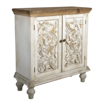 Comodă cu 2 uși, vintage, shabby chic, din lemn, alb, cu blat natur, raft interior și decor sculptat, 100 x 91 x 38 cm, „Fleur de Lys” - Img 4