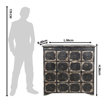 Comodă cu multe sertare, vintage, din lemn, negru, cu 16 sertare și mânere inel din metal, 96 x 96 x 40 cm, „Marquise” - Img 4