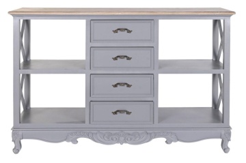 Comodă cu sertare shabby chic din lemn de paulownia, gri și natur, cu 4 sertare, 4 rafturi deschise și decor sculptat, 84,5 x 132 x 40 cm, „Auria”
