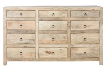 Comodă din lemn de mango, natur, 12 sertare cu mânere metalice inelare, finisaj natural, 83 x 150 x 45 cm, „Marais”