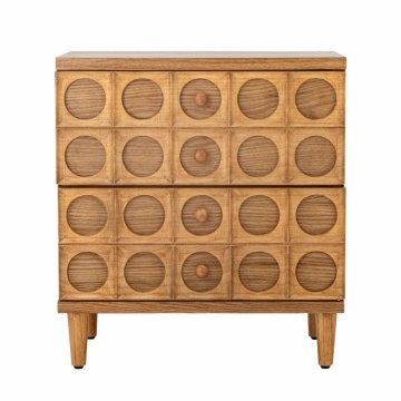 Comodă mică cu 2 sertare, mid century, maro, cu fronturi în relief geometric, butoni și picioare din lemn, finisaj lăcuit, 61 x 56 x 35 cm, „Vester”