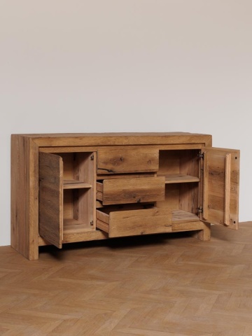Comoda natur, din lemn de stejar, cu 3 sertare si 2 usi, aspect rustic, Newhill - Img 4