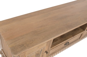 Comodă TV din lemn masiv de mango, finisaj natural maro, 2 uși, 1 sertar și nișă deschisă, 133 x 42 x 55 cm, „Classic" - Img 9