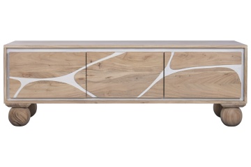Comodă TV living din lemn de acacia, natur, cu 3 uși, decor alb și picioare sferice, 50 x 145 x 40 cm, „Alvera”