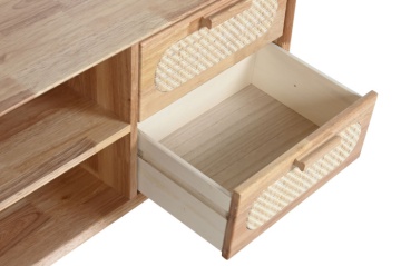 Comodă TV living din lemn de hevea, natur, cu 4 sertare din ratan împletit, 2 nișe și picioare înclinate, 48 x 120 x 30 cm, „Natqi” - Img 4