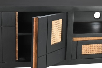 Comodă TV living din lemn de mango, negru, cu 2 uși, 2 sertare, nișă deschisă și inserții din ratan împletit, 60 x 145,5 x 40,5 cm, „Cheverny” - Img 7