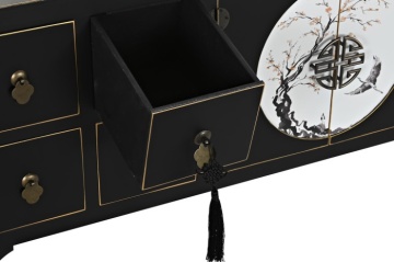 Comodă TV living din lemn, negru, cu 2 uși, 8 sertare și medalion oriental cu ramură înflorită, 51 x 130 x 26 cm, „Zenora” - Img 4