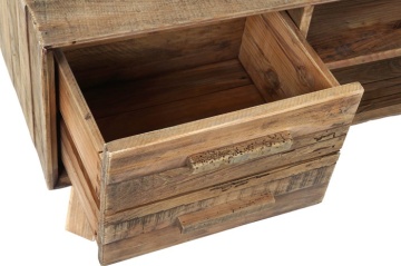 Comodă TV living din lemn reciclat, natur, cu 4 sertare, nișă deschisă cu raft și picioare oblice, 48 x 130 x 40 cm, „Rustin” - Img 3