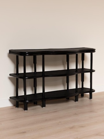 Consolă hol în stil etnic, din ratan, negru, cu 2 rafturi și blat ondulat, 76,5 x 136 x 41 cm, „Pigmento” - Img 4