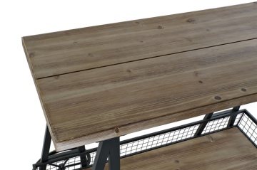 Consolă hol industrială din metal și lemn, natur și negru, cu picioare în A, raft jos cu plasă de sârmă și două roți, 52 x 112 x 54 cm, „Spruce” - Img 2