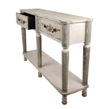 Consolă hol shabby chic din lemn, alb, cu 2 sertare, raft, picioare gri canelate și ornamente sculptate, 92 x 141 x 36 cm, „Marguerite” - Img 2