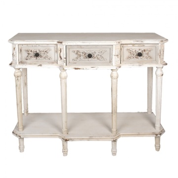 Consolă hol shabby chic din lemn masiv, alb, cu 3 sertare, raft și ornamente sculptate, finisaj antichizat, 90 x 120 x 45 cm, „Seraphine”