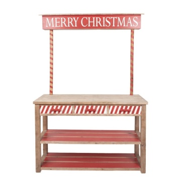 Consolă hol vintage din lemn, natur, cu 3 sertare în dungi, 2 rafturi roșii și firmă „Merry Christmas” pe stâlpi, 180 x 120 x 47 cm, „Noelique”