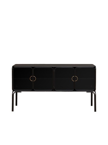 Consolă vintage din metal, cu 4 uși din sticlă opacă, 4 rafturi și mânere circulare aurii, negru, finisaj lucios, 150×38×82 cm, „Ashbury" - Img 1