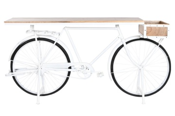 Consolă vintage tip bar din metal alb antichizat și lemn de mango, „Bycicle"