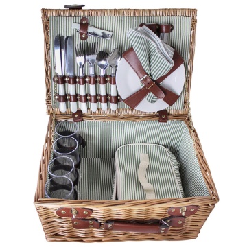 Coș de picnic mare din răchită împletită cu căptușeală în dungi verzi, pentru 4 persoane, „Vendela Large Green" - Img 4