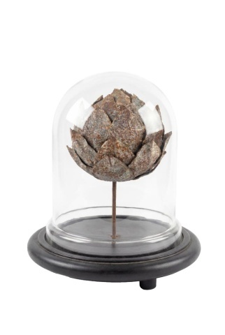 Cupolă decorativă din sticlă, anghinare din metal cu petale sculptate, gri, bază din lemn de mango, finisaj antichizat, 26 x 23 cm, „Artichaut”