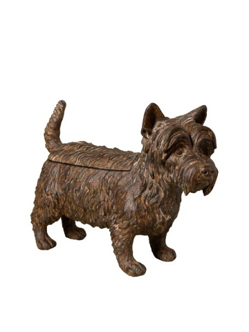 Cutie decorativă din rășină maro în formă de câine Scottish Terrier, capac detașabil, finisaj antichizat, 25 x 33 x 12,5 cm, „Écossais”