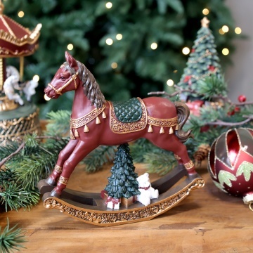 Decorațiune vintage de Crăciun din rășină, pictată manual, „Noël Rocking Horse”, H18,5 cm - Img 2