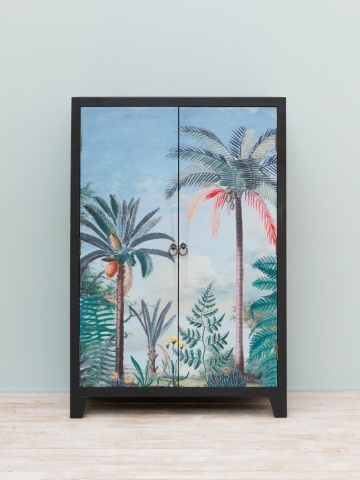 Dulap din lemn de pin, negru, cu 2 uși decorate cu peisaj tropical, 2 rafturi și mânere cu inel, 120 x 81 x 40 cm, „Calypso” - Img 6