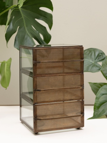 Dulăpior cu sertare din metal și sticlă, auriu, organizator cu 3 sertare cu fronturi perforate, pe picioare-bilă, 28 x 17,5 x 18 cm, „Draw” - Img 2