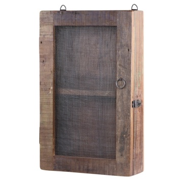 Dulăpior de perete din lemn reciclat, natur, cu 1 ușă cu plasă metalică, 1 raft și mâner-inel din metal, 47 x 29 x 10 cm, „Zora”