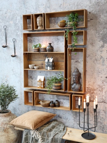 Etajeră de perete din lemn de pin, modulară, natur, set de 9 piese, cu cadre deschise, aspect rustic, 120 x 87 x 11,5 cm, „Sarlat” - Img 3