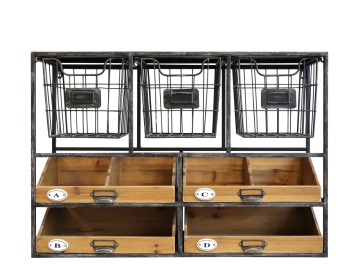 Etajeră de perete din metal și lemn, cu coșuri și sertare, aspect vintage, H50,5 cm