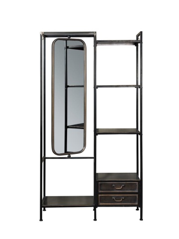 Etajeră metalică vintage, negru, cu 4 rafturi, 2 sertare și oglindă pivotantă, 185 x 100 x 35 cm, „Bonaparte”