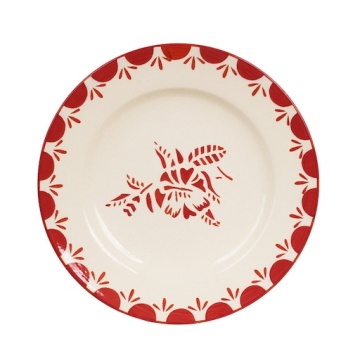 Farfurie din ceramică artizanală, natur, cu motive florale pictate manual roșu și bordură decorativă, 16 cm, „Marion"