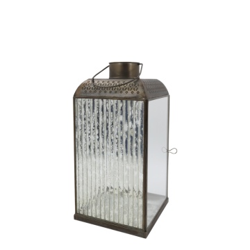Felinar decorativ vintage din alamă antichizată cu sticlă canelată și decor dantelat, 40x20x20 cm, „Cannelé"
