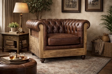 Fotoliu Chesterfield din piele naturală maro închis, capitonat, cu laterale din lemn de mango și iută, picioare pe roți, 84×77×79 cm, „Cassis” - Img 2